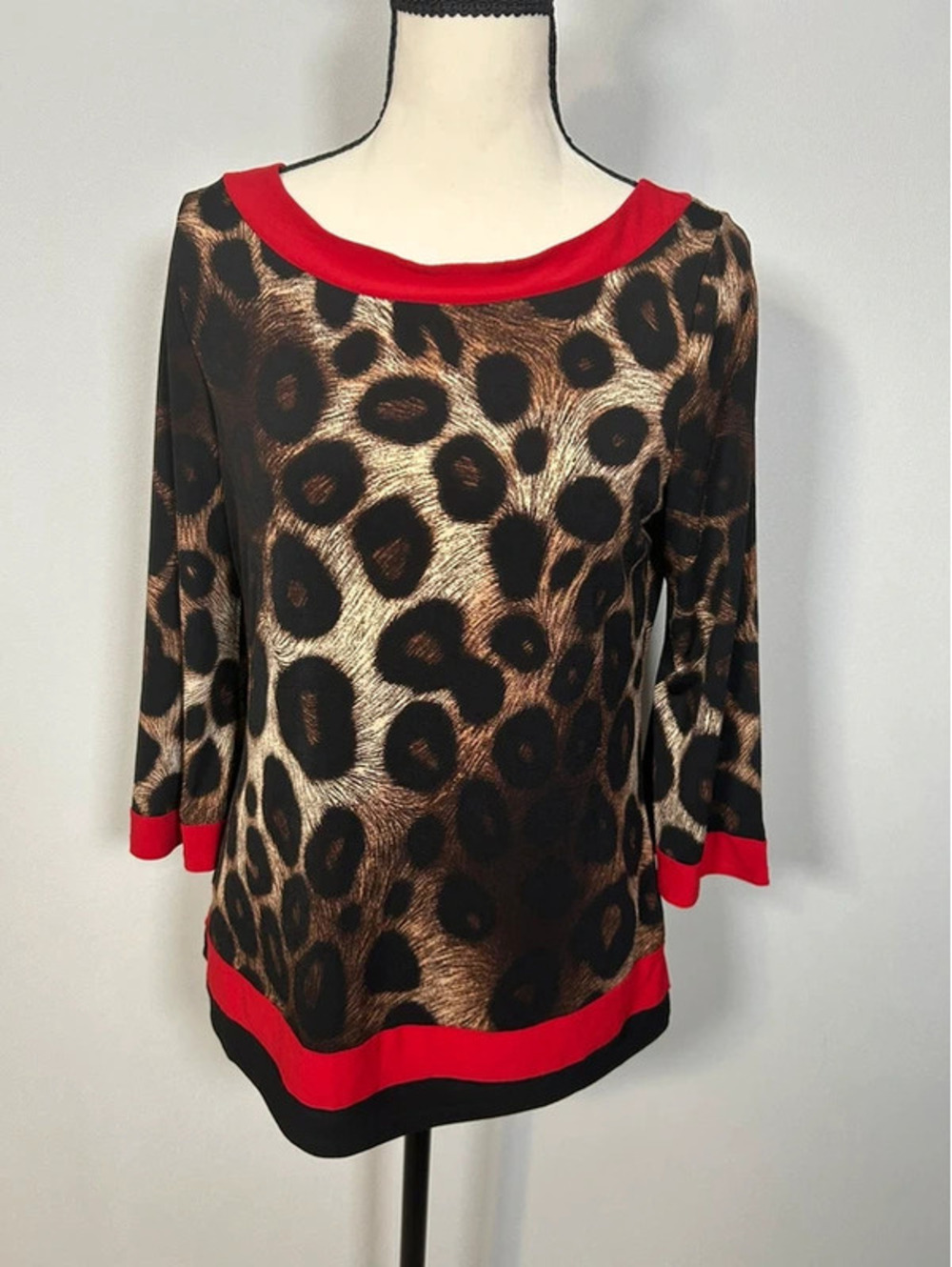 Vintage Suzie Leopard Print Top Size S Red Black Brown 3/4 Sleeve